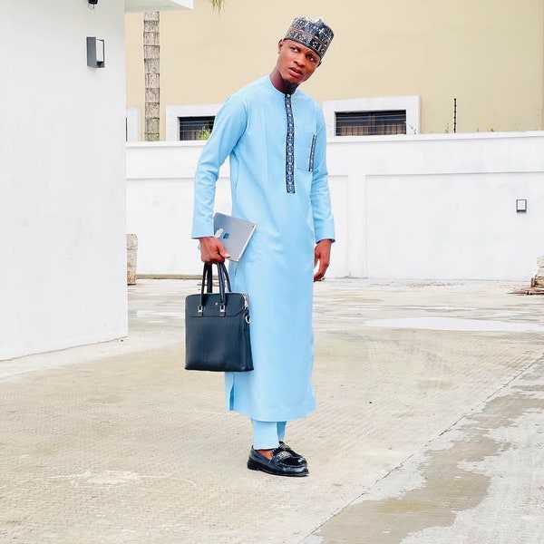 Sky Blue Senator African Men's Clothing, Men Outdoors Casual , Mens Clothing, Tailored African Men Outfit, African Men Fashion, Dashiki