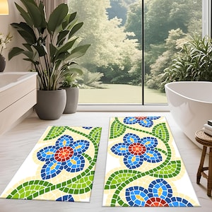 Floral Pattern Bathroom Rug, 2 Piece Rug Set, Washable Bathroom Rug, Bathroom Gift Carpet, Laundry Room Rug, Non-Slip Based Bath Boho Rug