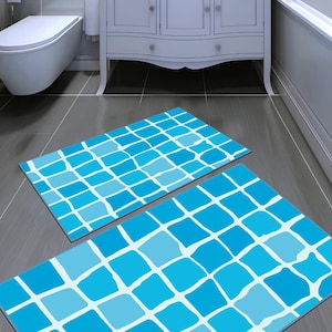 Blue Mosaic Pattern Bath Rug, 2 Piece Set, Washable Bathroom Rug, Bathroom Gift Rug, Laundry Room Rug, Non-Slip Based Bath Rug, Modern Mat