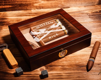 Personalized Cigar Box, Custom Glass Top Cigar Humidor Box, Groomsmen Gift, Wooden Cigar Box for Men, Father's Day Gift, Cigar Gifts for Men