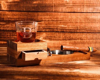 Personalized Whiskey & Cigar Tray Glass Holder Ashtray Whiskey, 2 in 1 Wooden Cigar Ashtray With Whiskey Glass Holder, Great Gifts for Men