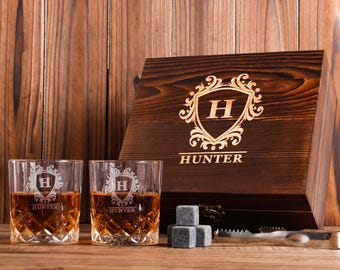 Personalized Whiskey Glass Set with Wooden Box, Groomsmen Gift idea, Best Man Gift,Luxury Groomsmen Gift box,Engraving Whiskey Gifts for Him