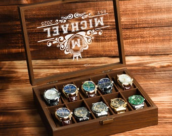Gepersonaliseerde houten horlogedoos, cadeau voor mannen, gegraveerde horlogehouder, verjaardagscadeau voor hem, valentijnscadeau, cadeau vriendje, jubileumcadeau