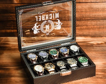 Gepersonaliseerde zwarte horlogedoos, gegraveerde horlogehouder, verjaardagscadeau voor hem, vaderdagcadeau, cadeau vriendje, jubileumcadeau voor echtgenoot