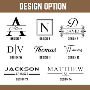 May include: A graphic showing 14 different design options for personalized items. The designs feature various fonts, styles, and layouts for names and dates.  The designs are labeled with numbers 7 through 14.