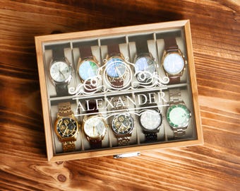 Gepersonaliseerde houten horlogedoos, cadeau voor mannen, gegraveerde horlogehouder, verjaardagscadeau voor hem, valentijnscadeau, cadeau vriendje, jubileumcadeau