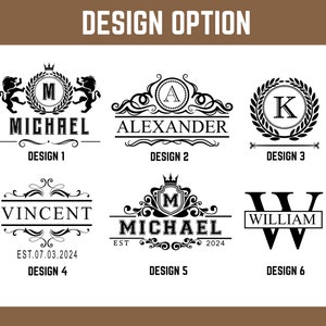 May include: Six different monogram designs for a personalized gift. The designs feature a variety of fonts, flourishes, and symbols, including crowns, wreaths, and lions. The names Michael, Alexander, Vincent, William, and K are included in the designs.