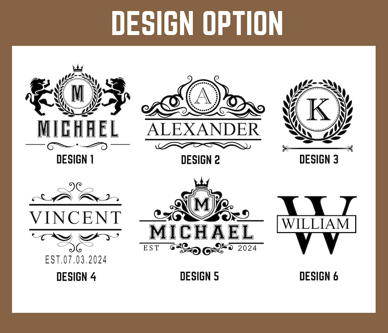 May include: Six different monogram designs for a personalized gift. The designs feature a variety of fonts, flourishes, and symbols, including crowns, wreaths, and lions. The names Michael, Alexander, Vincent, William, and K are included in the designs.