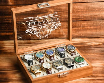 Gepersonaliseerde houten horlogedoos, gegraveerde horlogehouder, verjaardagscadeau voor hem, vaderdagcadeau, cadeau vriendje, jubileumcadeau voor echtgenoot