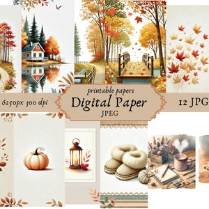 Aquarelle imprimable sur papier numérique d'automne, éphémères d'automne, pages aux couleurs chaudes, téléchargement du journal indésirable, scrapbooking, fabrication de cartes, automne numérique