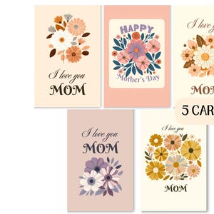 Ensemble moderne imprimable de carte florale de fête des mères, lot coloré de fête des mères heureuse, carte numérique de téléchargement immédiat de fleurs, usage commercial