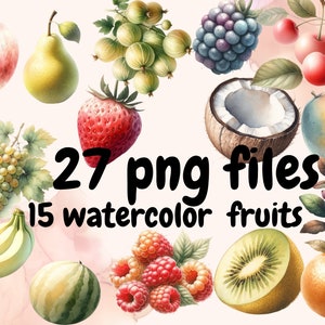 Lot de cliparts de fruits colorés | pomme, banane, orange, fraise, raisin | Graphismes numériques PNG dynamiques pour usage commercial Téléchargement instantané
