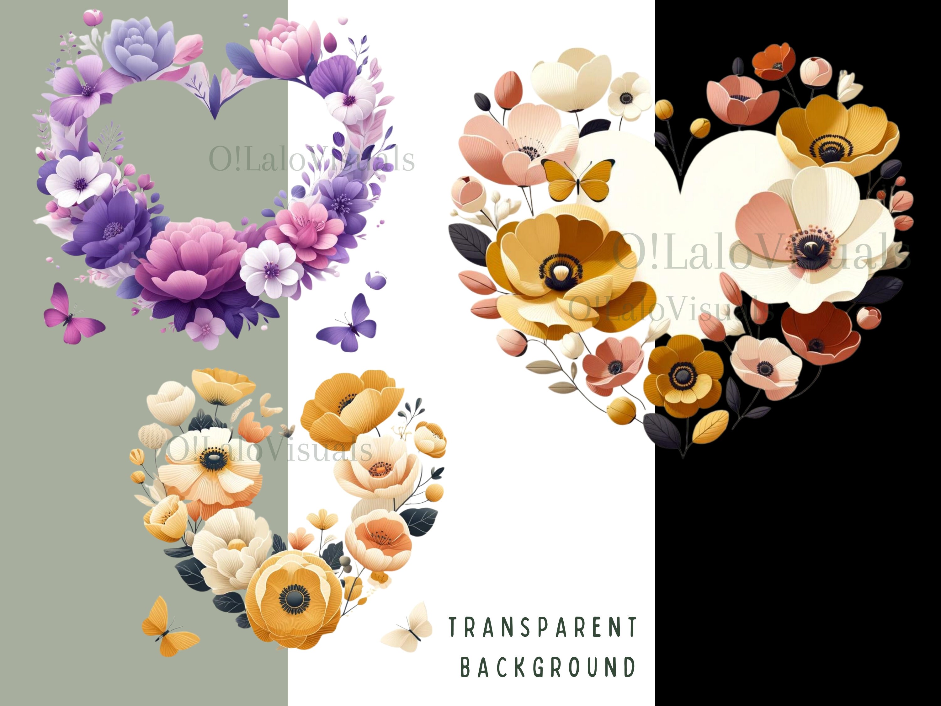 Floral Heart Wreath Clipart: Watercolor PNG Graphics (digital Download ...