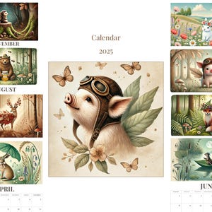 Calendário A3 para impressão em aquarela 2025 Woodland Animals, ilustrado em aquarela para decoração de quarto infantil, DOWNLOAD INSTANTÂNEO