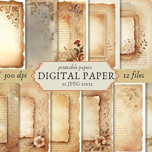 Puede incluir: Doce fondos de papel digital en estilo vintage con colores marrón, beige y crema. Los papeles presentan bordes ornamentados, texto escrito a mano y detalles florales. Los papeles miden 12x12 pulgadas y 300 dpi.