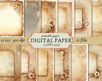Vintage stained digital paper, antique paper distressed texture, old letter brown aged background, beige backdrop Scrapbook journal SET 2