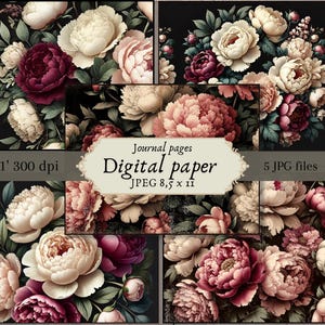 Wydrukuj Kwiatową Kartkę na Dzień Matki Junk Journal Dark Academia Zestaw, Peonies Mother’s Day Bundle, Peony Instant Download Cyfrowe Strony Papierowe