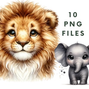 Clipart animaux de safari mignons, bébé animal PNG Safari, ensemble de cliparts animaux aquarelle, clipart baby shower, éléphant Lion, lot Safari mignon
