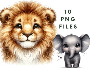 Lindo Safari Animales Clipart, Safari Bebé Animal PNG, Conjunto de