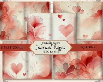 Aquarell Herzen Junk Journal Seiten: Valentinstag Scrapbook Papier (Digitaler Download)