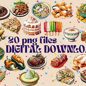 Clipart di illustrazioni di cibo messicano, download digitale, arte della cucina in stile vintage anni '60, pacchetto digitale di clip art deco cucina retrò