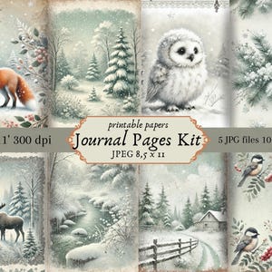 Pagine stampabili del diario di spazzatura della foresta ad acquerello, kit di diario di spazzatura degli animali del bosco invernale, carta per diario di spazzatura invernale, foglio di collage digitale