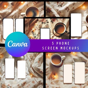 May include: Five phone screen mockups on a bed with a floral patterned sheet and string lights. There are cups of coffee or tea on the bed with steam rising from one of the cups.