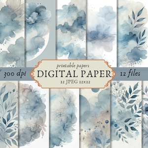 Texturas de papel digital azul polvoriento neutro, fondos de acuarela azul, envoltura de regalos, fondo de scrapbooking, descarga instantánea, uso comercial