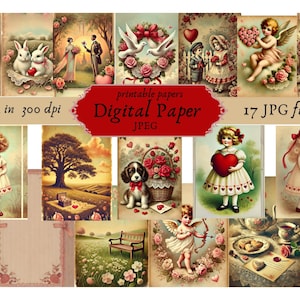 Vintage Valentines Ephemera Bundle Romantische Junk Journal Druckbare viktorianische Liebe Blumen ATC Postkarte Herz Papier Retro Valentinstag Karte