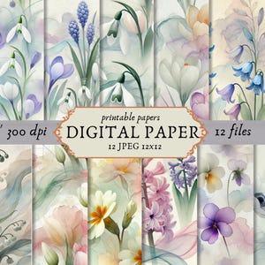May include: A set of 12 digital papers featuring watercolor illustrations of various spring flowers, including snowdrops, hyacinths, crocuses, and lilies of the valley. The papers are 12x12 inches and 300 dpi.