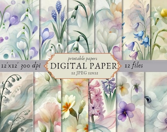 Watercolor Flower Digital Paper Bundle, Watercolor Floral Background, Junk Journal Spring Floral Scrapbook Papers, Wedding digital paper set