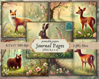 Woodland Animals Postcard Digital Paper: Junk Journal Ephemera (Digital Download)