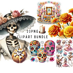 Aquarelle jour des morts des cliparts, clipart Dia de Muertos, mexicain Halloween PNG, crâne de sucre, La Catrina, Pan de Muerto téléchargement numérique