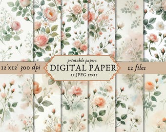 Pastel peach pink floral digital paper set 1, blush rose watercolor scrapbook paper, abstract wedding pink background, digital download jpg