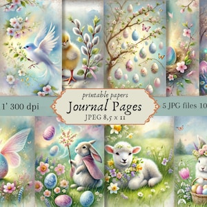 Imprimables de Pâques pastel pour journaux indésirables, pages éphémères magiques de journal de Pâques printemps, lapin de Pâques aquarelle numérique indésirable
