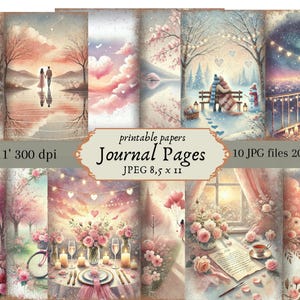 Journal pour la Saint-Valentin, éphémères imprimables roses, feuille de collage scrapbooking amour vintage, fond de coeur rose mignon pages JPG