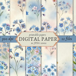 Paquet de papier numérique de mariage de myosotis, fond bleu floral, toile de fond de mariage, invitation de mariée, fleur de myosotis, usage commercial