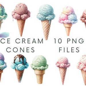 May include: Ten digital illustrations of ice cream cones in various colours and flavours. The ice cream cones are decorated with sprinkles, chocolate sauce, and other toppings. The text "ICE CREAM CONES 10 PNG FILES" is displayed below the cones.