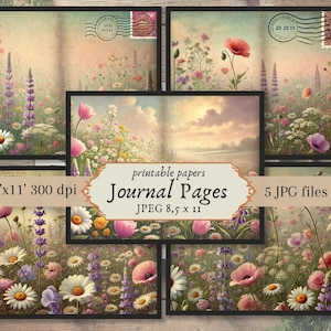 Papier numérique de fleurs de carte postale rétro, papier floral de prairie éphémère, feuilles numériques de téléchargement immédiat de timbres de journal indésirable, usage commercial