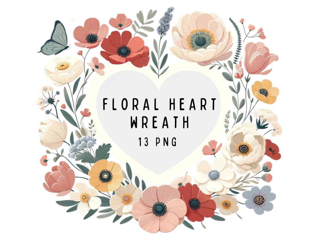 Floral Heart Wreath Clipart: Watercolor PNG Graphics (digital Download ...