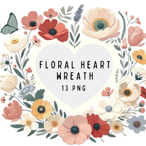 Clipart de guirlanda de coração floral - 13 PNGs de alta qualidade - download digital - para fabricação de cartões, mídia mista e artesanato em papel digital, uso comercial