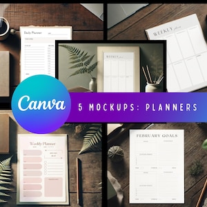 May include: Five planner mockups on a wooden surface. The planners are in different styles, including daily, weekly, and monthly. There are also some decorative elements, such as plants and a cup of coffee.