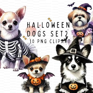 Joli ensemble de cliparts de chien d'Halloween | 10 fichiers PNG de haute qualité Corgi Chihuahua, agenda numérique, journal indésirable en téléchargement numérique, usage commercial