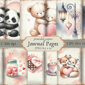 Journal indésirable de la Saint-Valentin, mignon ensemble éphémère imprimable, feuille de collage vintage amour scrapbooking, coeur mignon rose fond Pages JPG