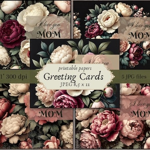 Afdrukbare bloemen Moederdagkaart Dark Academia Set, pioenrozen Happy Mother's Day-bundel, pioenroos Instant Download digitaal commercieel gebruik