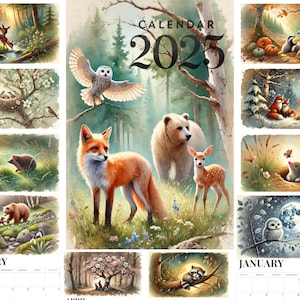 Calendário A3 para impressão em aquarela 2025 Woodland Animals, ilustrado em aquarela para decoração de quarto infantil, DOWNLOAD INSTANTÂNEO