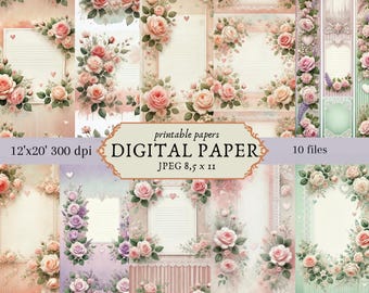 Valentinstag Digitales Papier: Floral Scrapbooking Ephemera (JPGs)