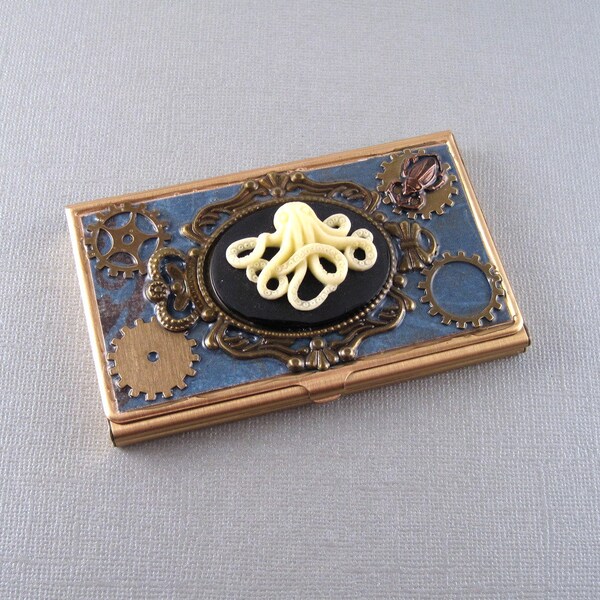 tentacles and cogs - decorated metal business card case - card holder - steampunk victorian gothic - cigarette case - credit card case