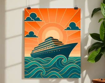 Impresión de crucero Art Déco: transatlántico vintage, arte mural náutico
