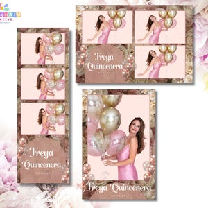 May include: Photo booth templates featuring a woman in a pink dress holding balloons. The templates include the text "Freya Quinceanera" and the date 09.04.23, with a floral border and a soft pink background.
